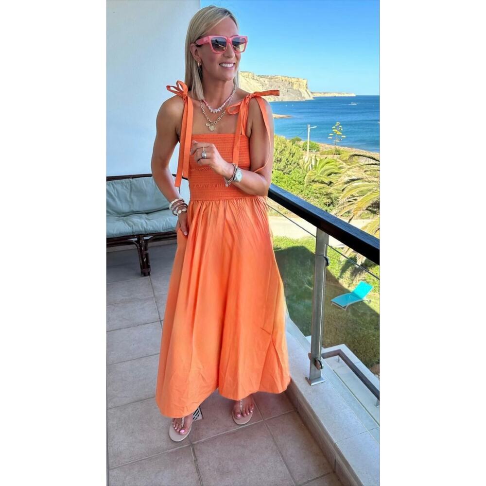 NWT COS Orange Cotton Maxi Dress Smocked Waist Tie Strap XS - Picture 3 of 15